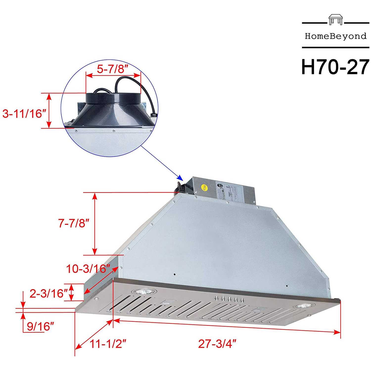 Home Beyond 28 in. 600 CFM Insert/Built-in Range Hood with Baffle Filters LED Lights 3-Speed Control in Stainless Steel H70-27 - Image 5