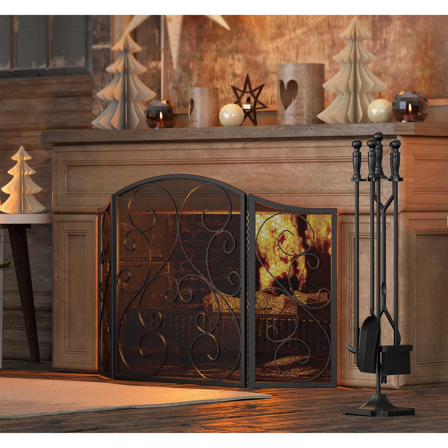 Fire Beauty Fireplace Screen 3 Panel Wrought Iron Black Metal 48 x30 Spark Guard Cover - Image 4
