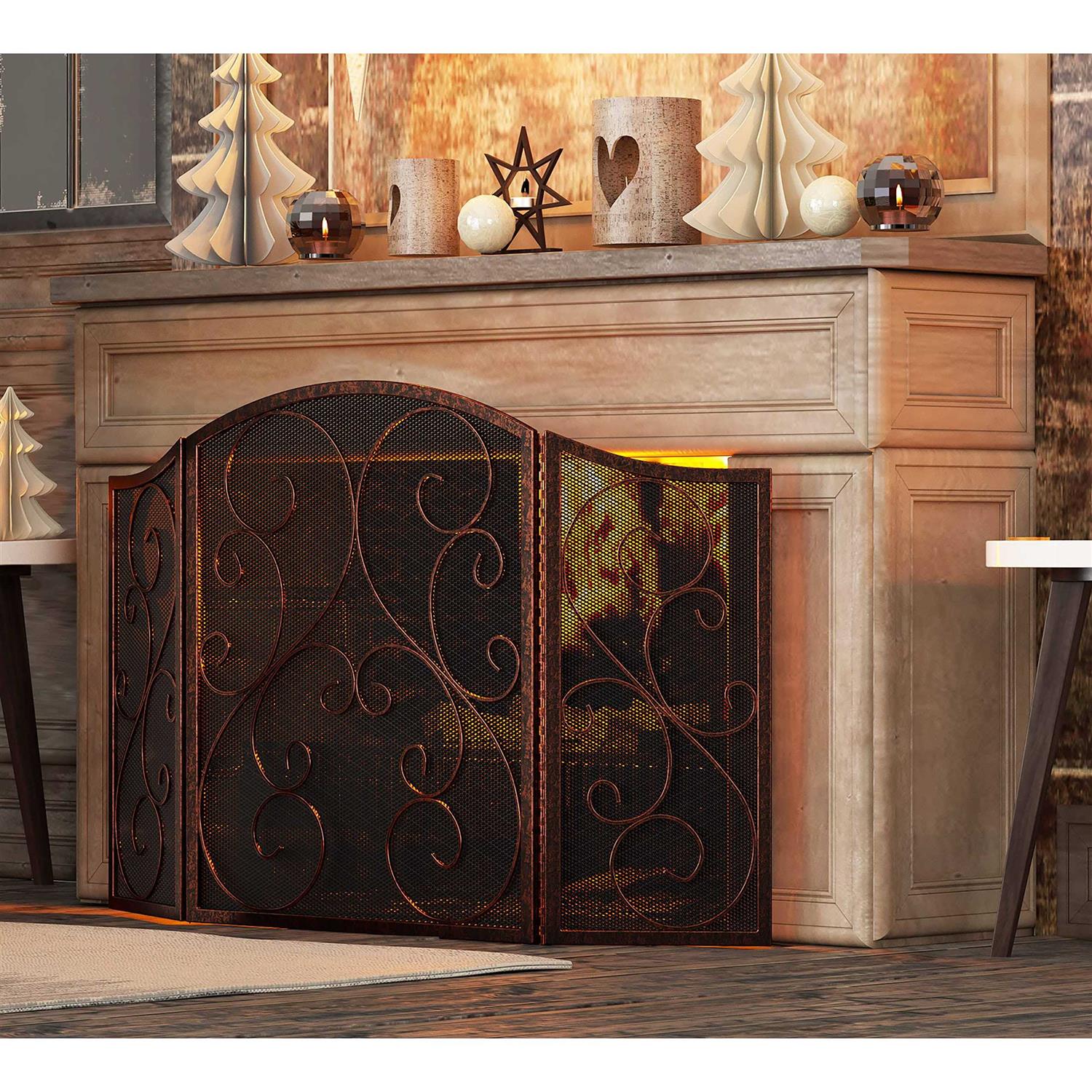 Fire Beauty Fireplace Screen 3 Panel Wrought Iron Black Metal 48 x30 Spark Guard Cover - Image 3