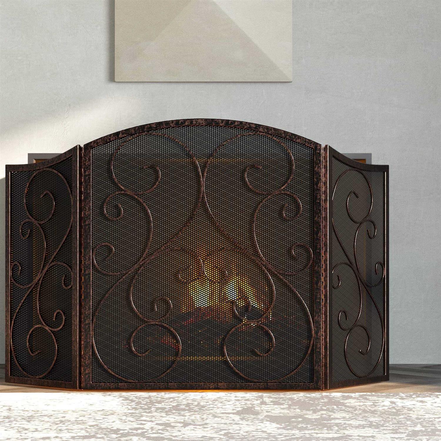Fire Beauty Fireplace Screen 3 Panel Wrought Iron Black Metal 48 x30 Spark Guard Cover - Image 4