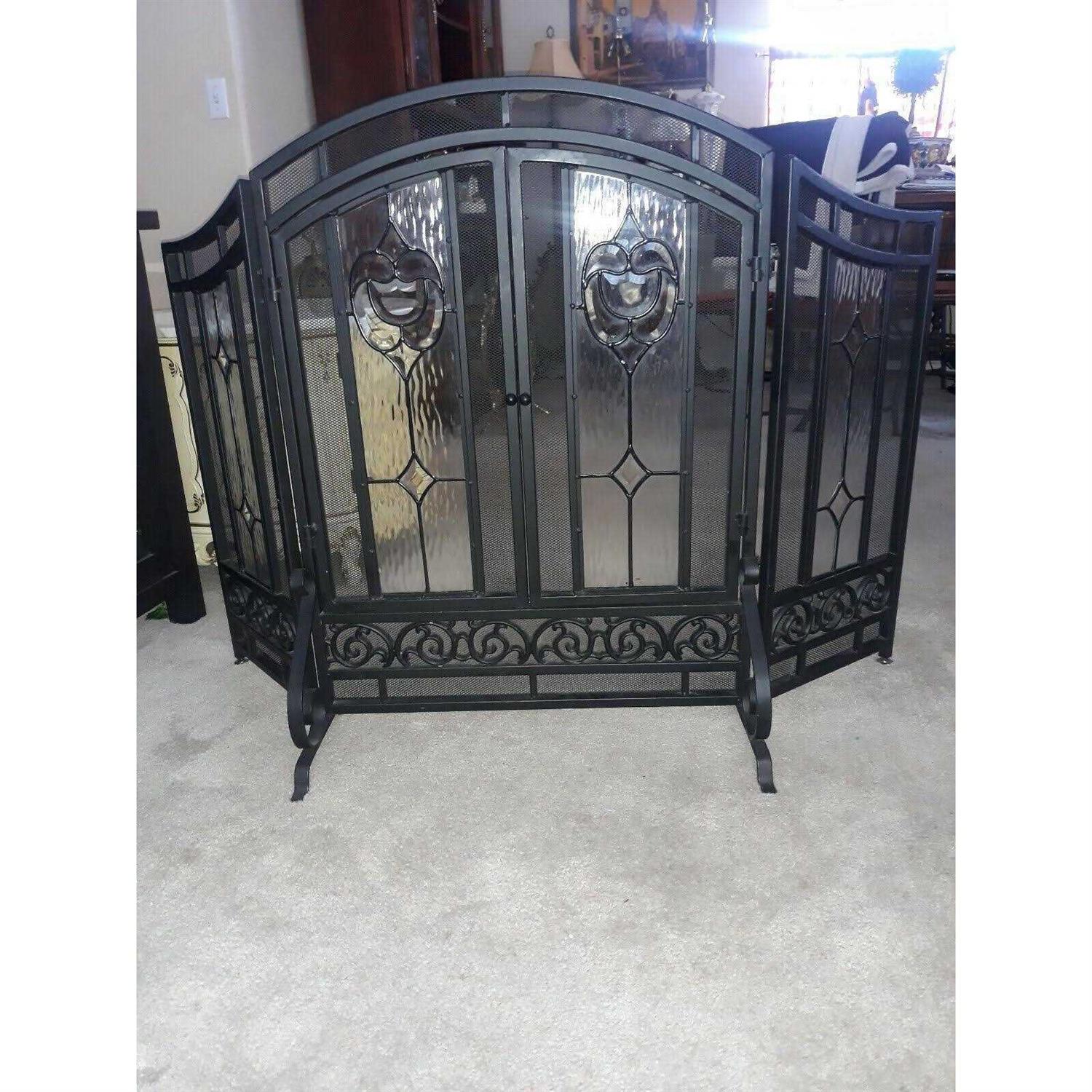 Plow & Hearth Two-Door Fireplace Screen with Glass Floral Panels - Image 5