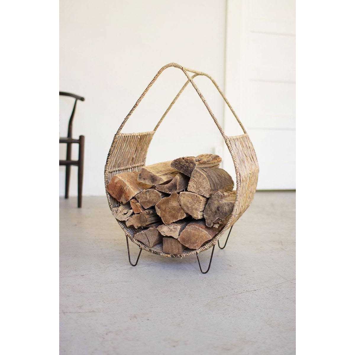Kalalou Woven Rush and Metal Firewood Rack with Tall Handle - Image 3