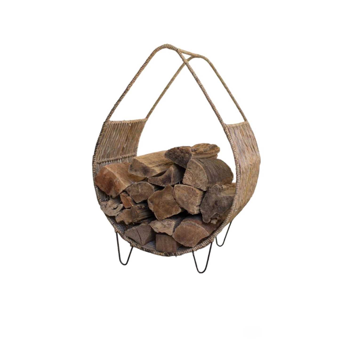 Kalalou Woven Rush and Metal Firewood Rack with Tall Handle - Image 5
