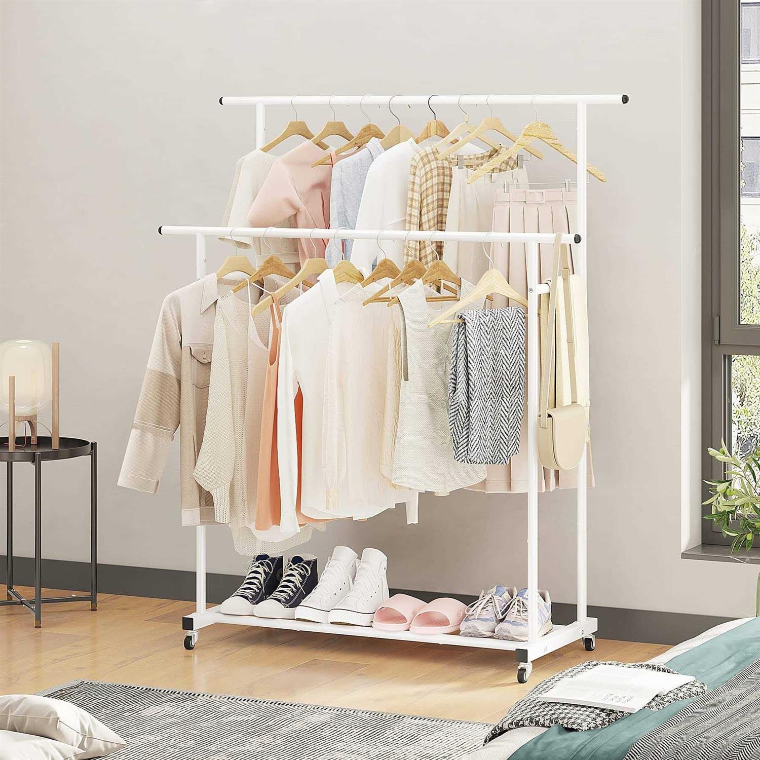 Calmootey Double Rod Clothing Garment Rack,Rolling Hanging Clothes Rack,Portable Clothes Organizer for Bedroom,Living Room,Clothing Store - Image 3