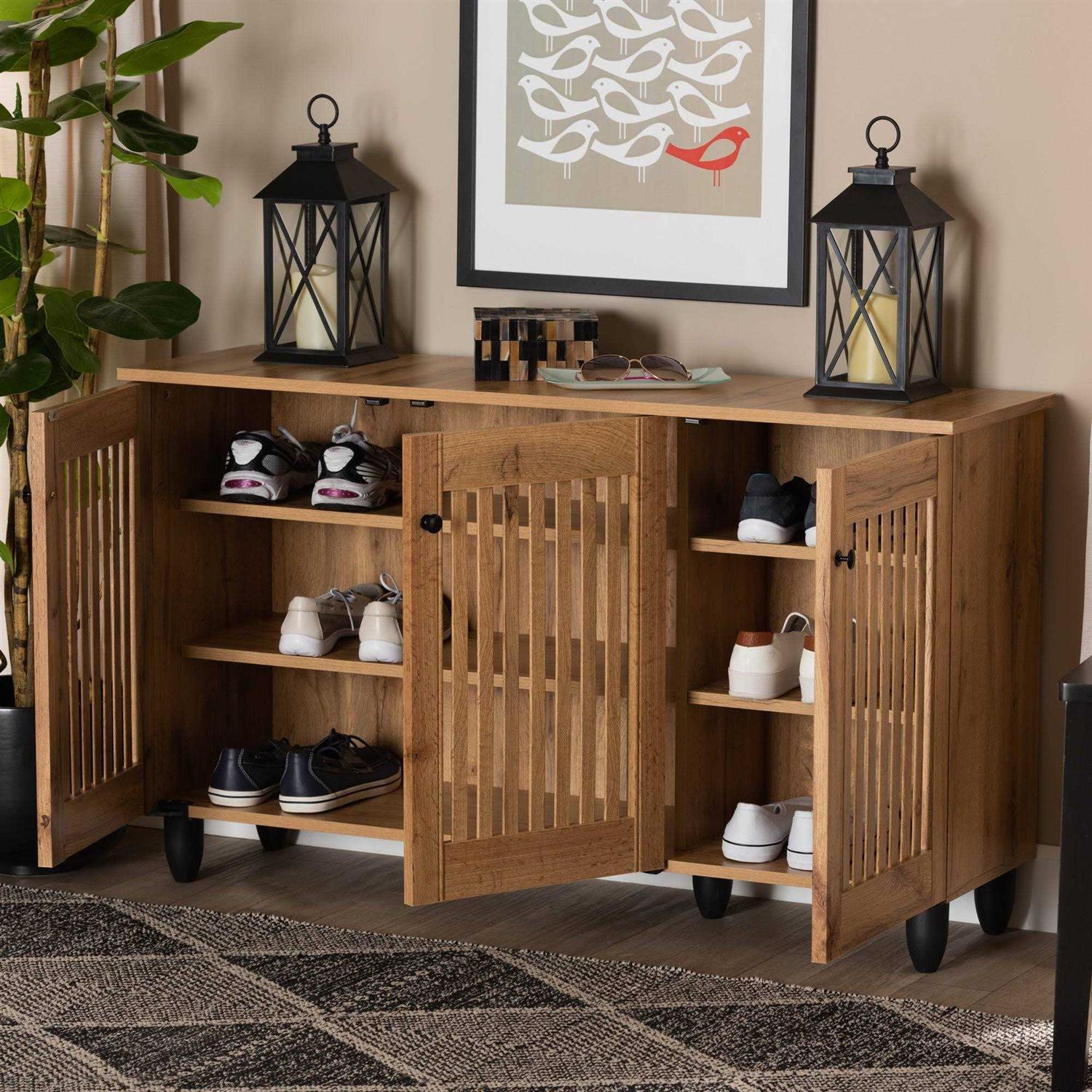 Baxton Studio Fernanda Oak Brown Finished Wood 3-Door Shoe Cabinet - Image 4