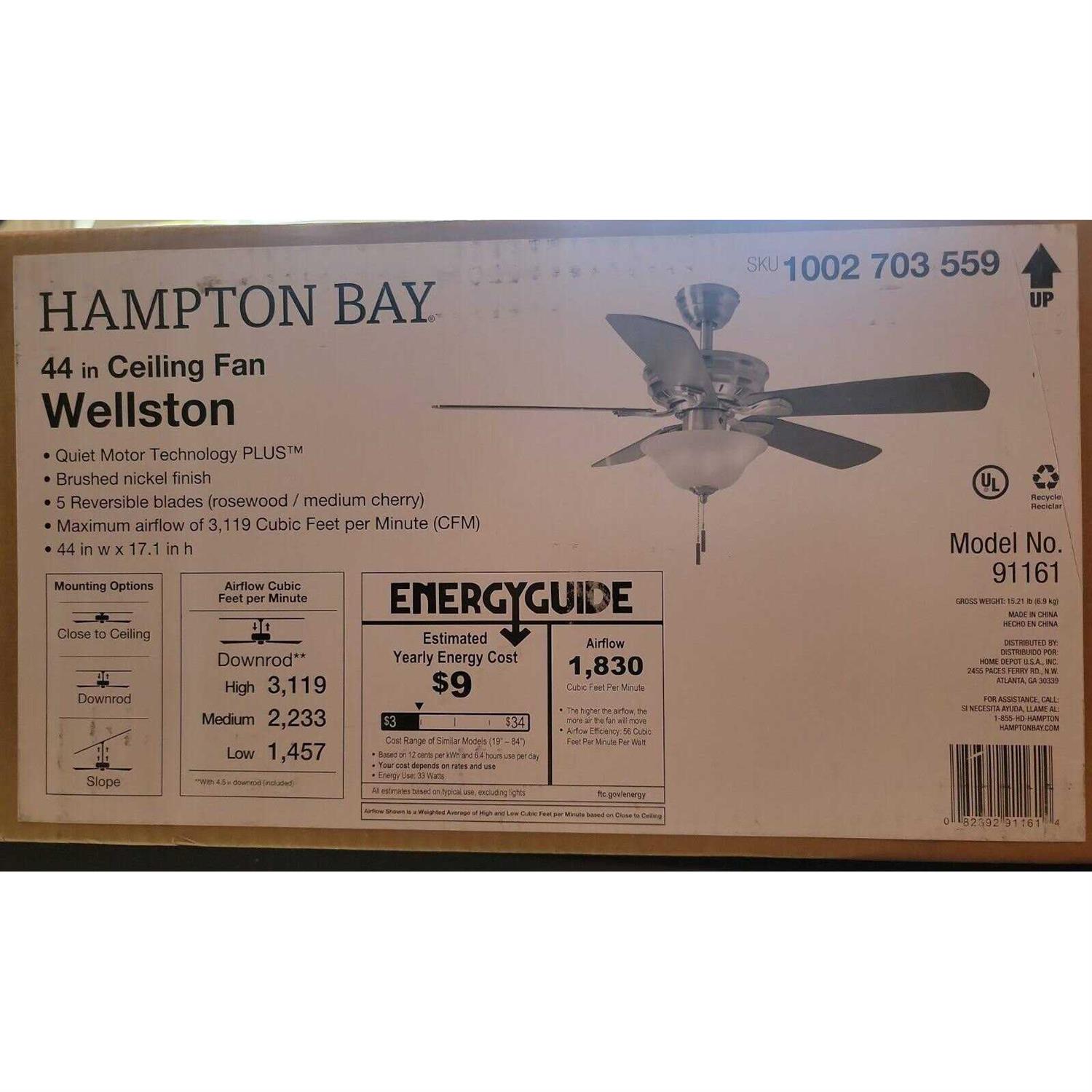 Hampton Bay Wellston II 44 in. Indoor LED Dry Rated Downrod Ceiling Fan with 5 Reversible Blades and Light Kit - Image 2