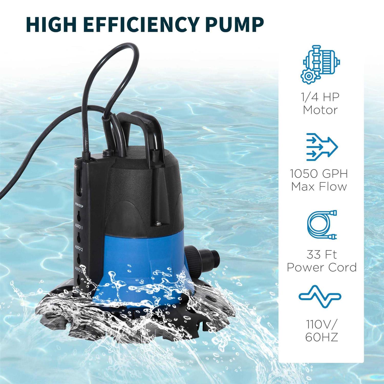Outsunny 1/4 HP Pool Cover Pump Submersible Sump Pump Swimming Water Removal Pump with Hose Adapter and 33' Power Cord - Image 3