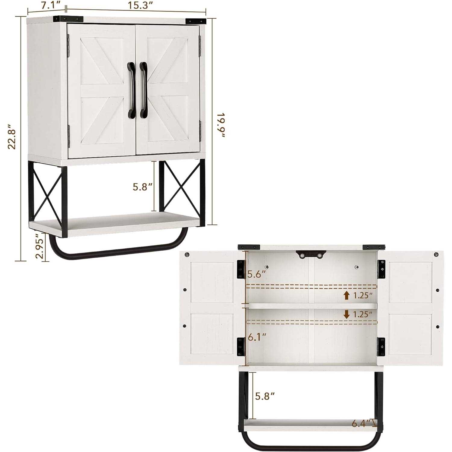 RUSTOWN Farmhouse Rustic Medicine Cabinet with Two Barn Door,Wood Wall Mounted Storage Cabinet with Adjustable Shelf and Towel Bar - Image 5