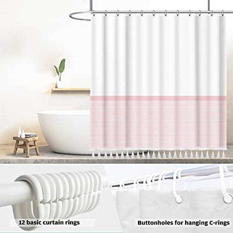 Seasonwood Shower Curtain Shower Curtain White Striped Shower Curtain Bathroom Tassel - Image 5