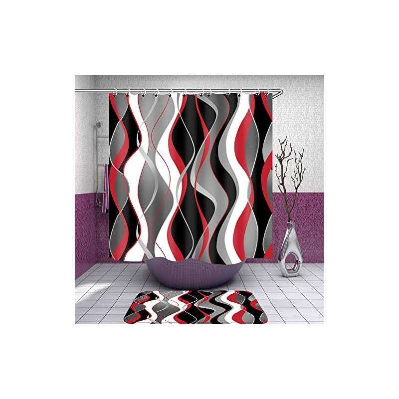 Nkzply 4 Pcs and Black Striped Shower Curtain Set with Rugs and Toilet Lid Cover Grey and White Bathroom Sets - Image 4