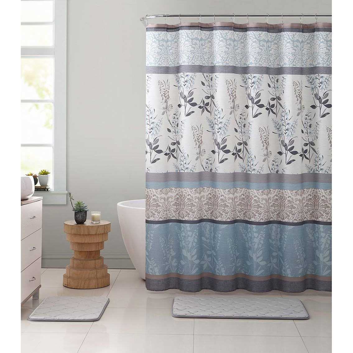 Serafina Home Light Blue Beige Grey Fabric Shower Curtain for Bathroom - Image 5