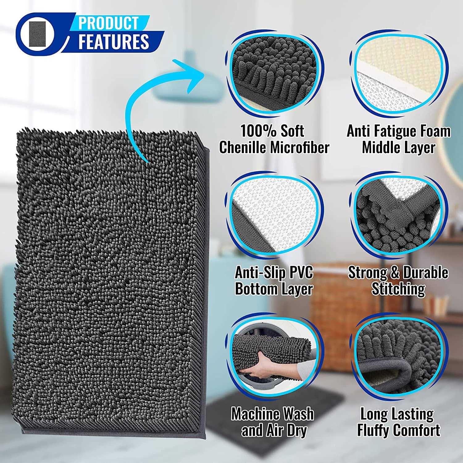 Mayshine Soft Plush Chenille Bathroom Rug Absorbent Microfiber Bath Mat - Image 4