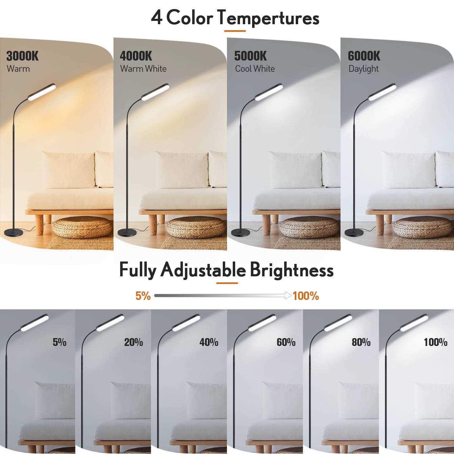 Outon LED Reading Floor Lamp with Remote &Touch Control-4 Color Temperature Standing Light for Living Room - Image 3