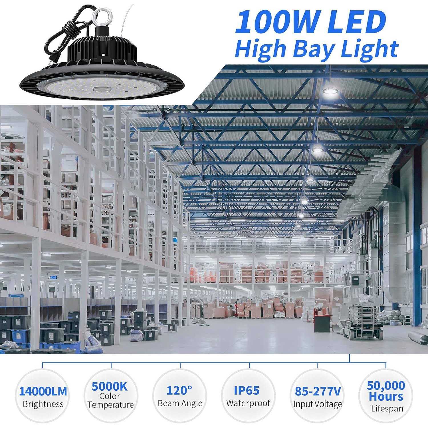 Hugtek UFO LED High Bay Light 100W 14000 LM with US Plug 5ft Cable - Image 4