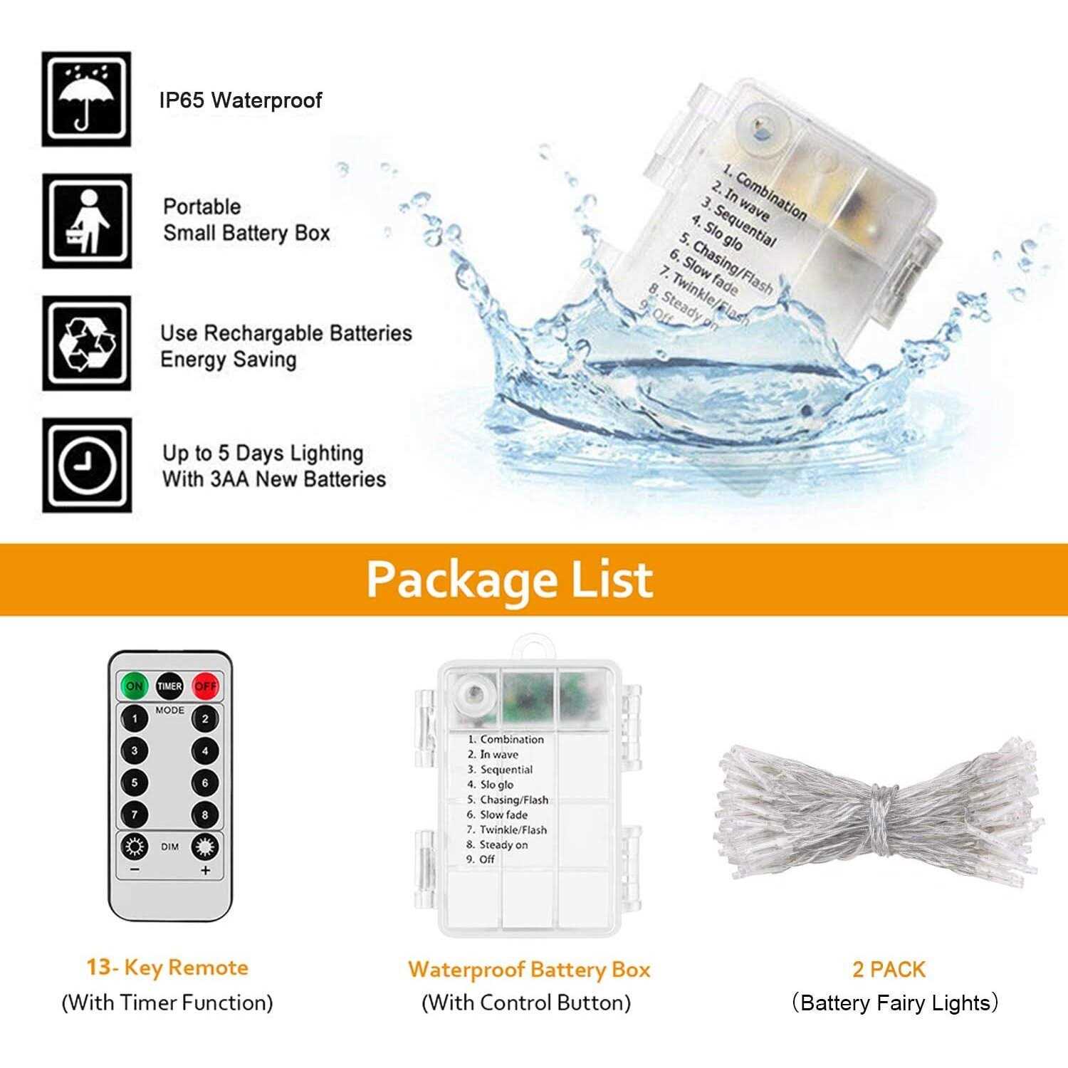 Koxly 2 Pack Battery Operated String Lights with Remote Timer Waterproof 8 Modes String Lights for Bedroom,Garden,Party,Xmas Tree - Image 4