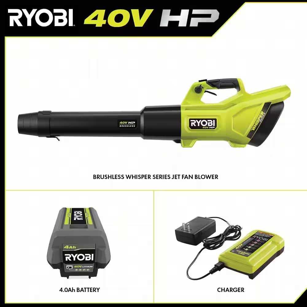 RYOBI 40V HP Brushless Whisper Series 155 MPH 600 CFM Cordless Blower & Leaf Battery and - Image 4