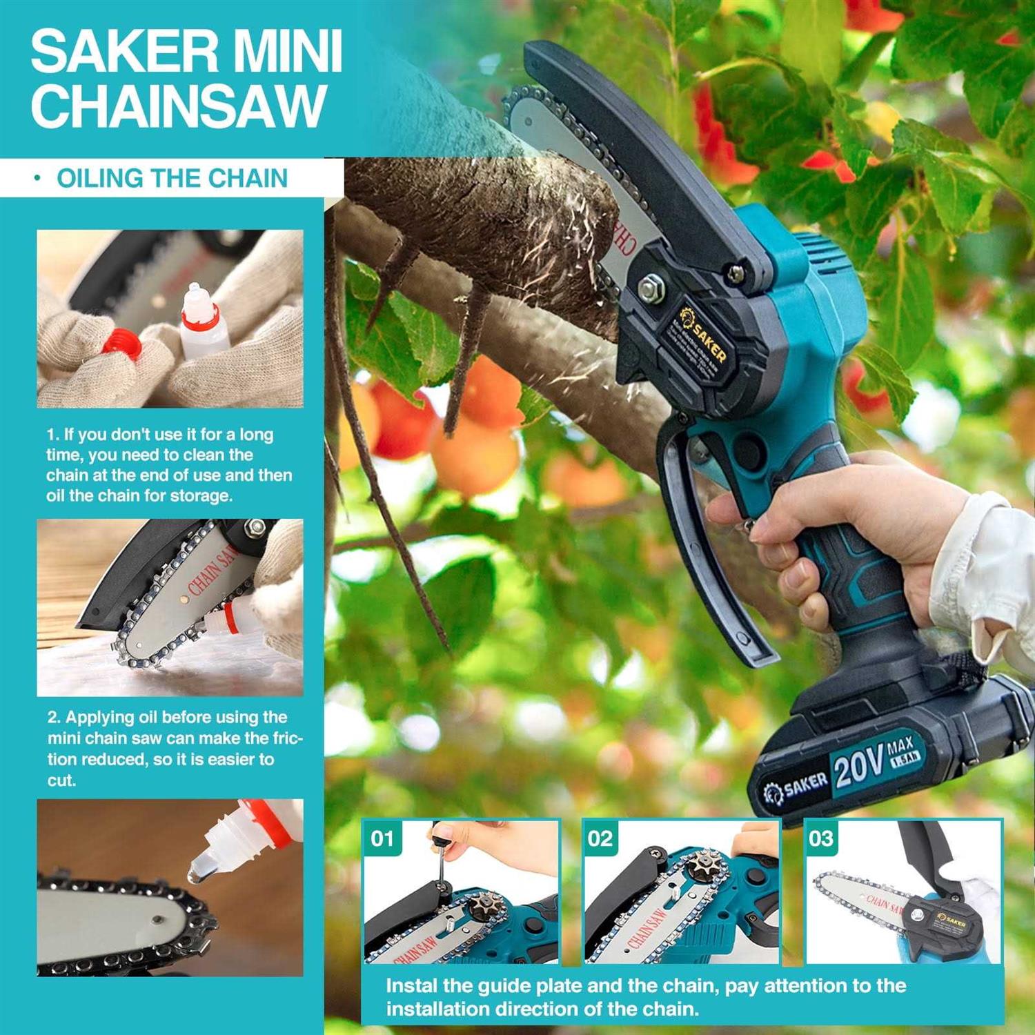 Saker 20V 4 in. Cordless Mini Chainsaw Including Batteries - Image 4