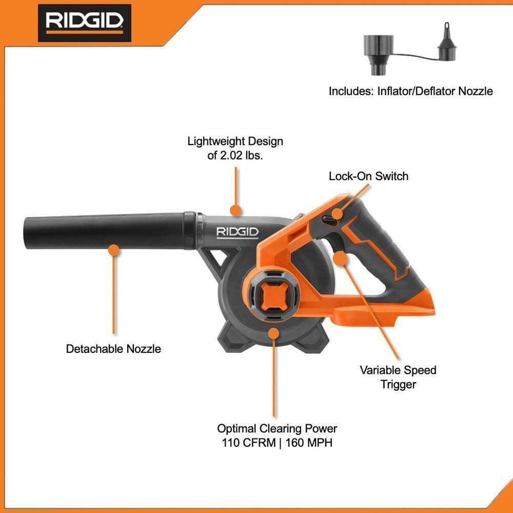 Ridgid 18V Lithium-Ion Cordless Compact Jobsite Blower with Inflator/Deflator Nozzle - Image 4