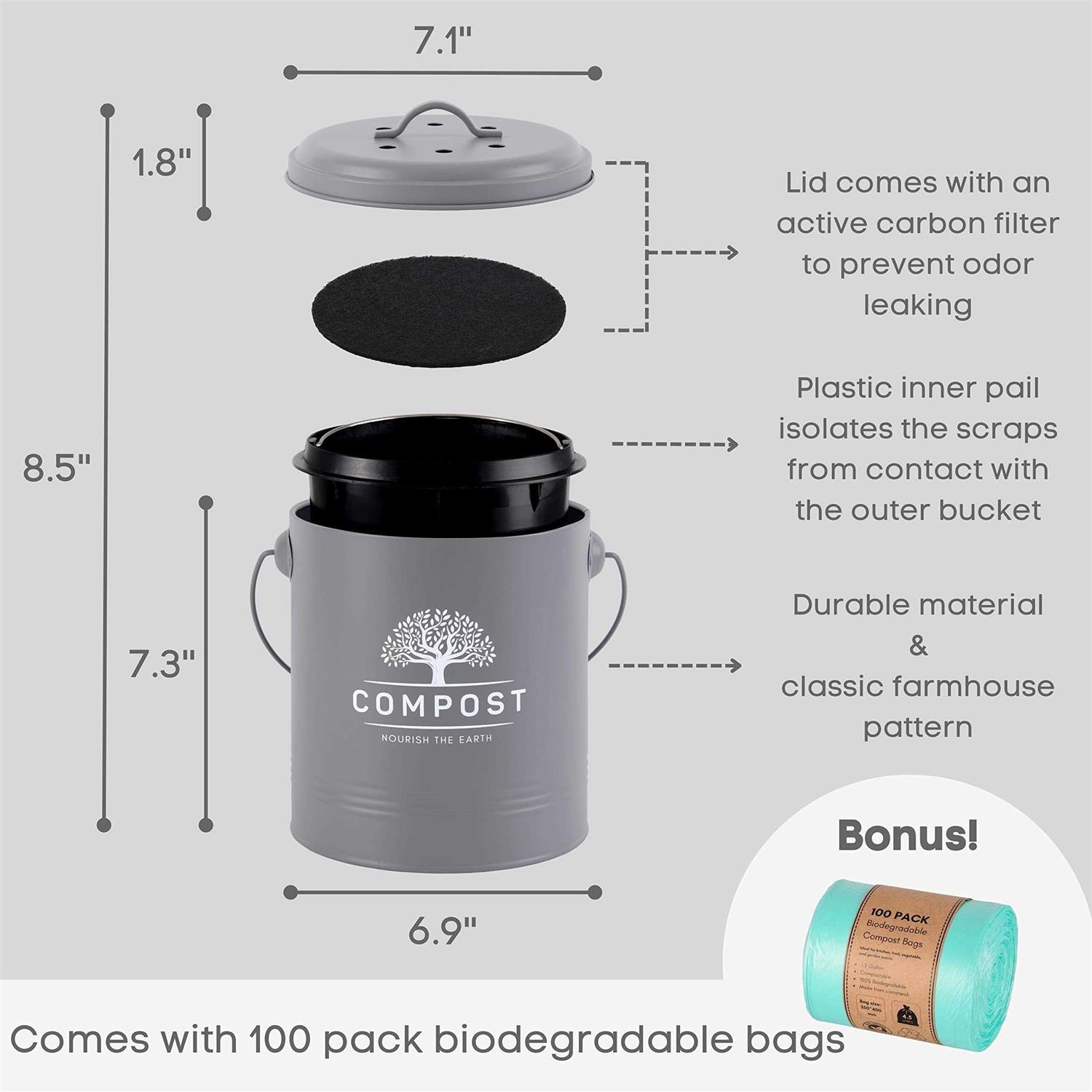 PERFNIQUE Kitchen Compost Bin, 1.3 Gallon Countertop Compost Bin with Lid, Indoor Compost Bucket includes Inner Bucket Liner and Carbon Filter - Image 3