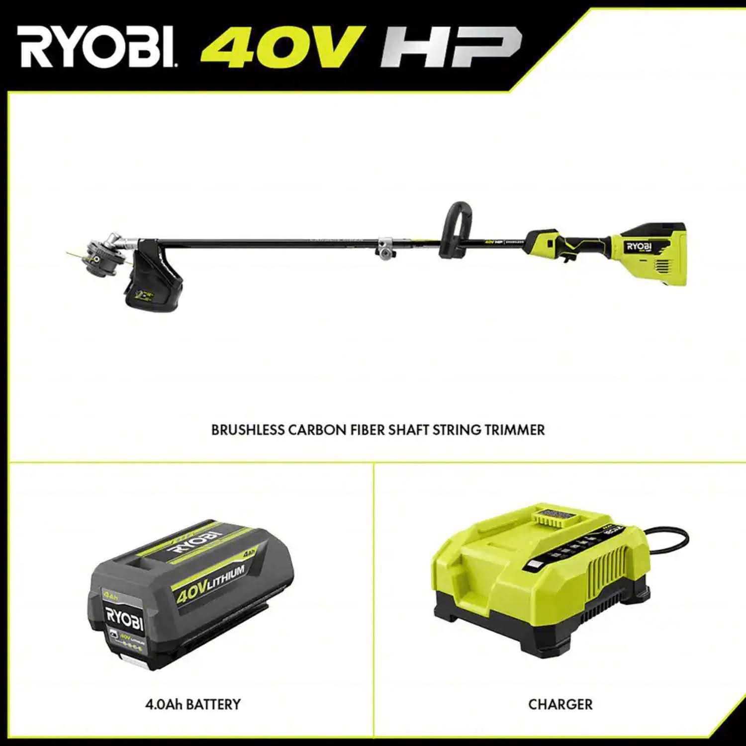 RYOBI 40V HP Brushless Cordless Carbon Fiber Shaft Attachment String Trimmer 4.0 Ah Battery Charger - Image 5