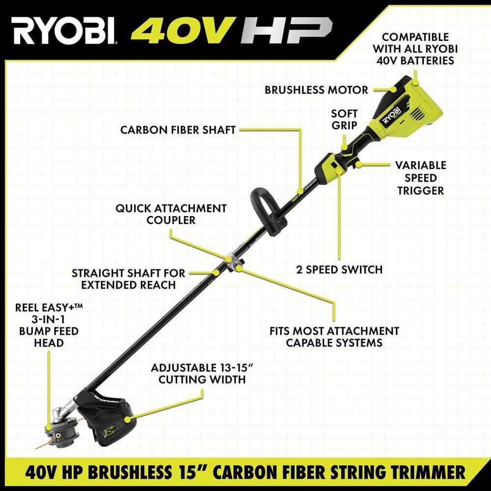 RYOBI 40V HP Brushless Cordless Carbon Fiber Shaft Attachment String Trimmer 4.0 Ah Battery Charger - Image 5