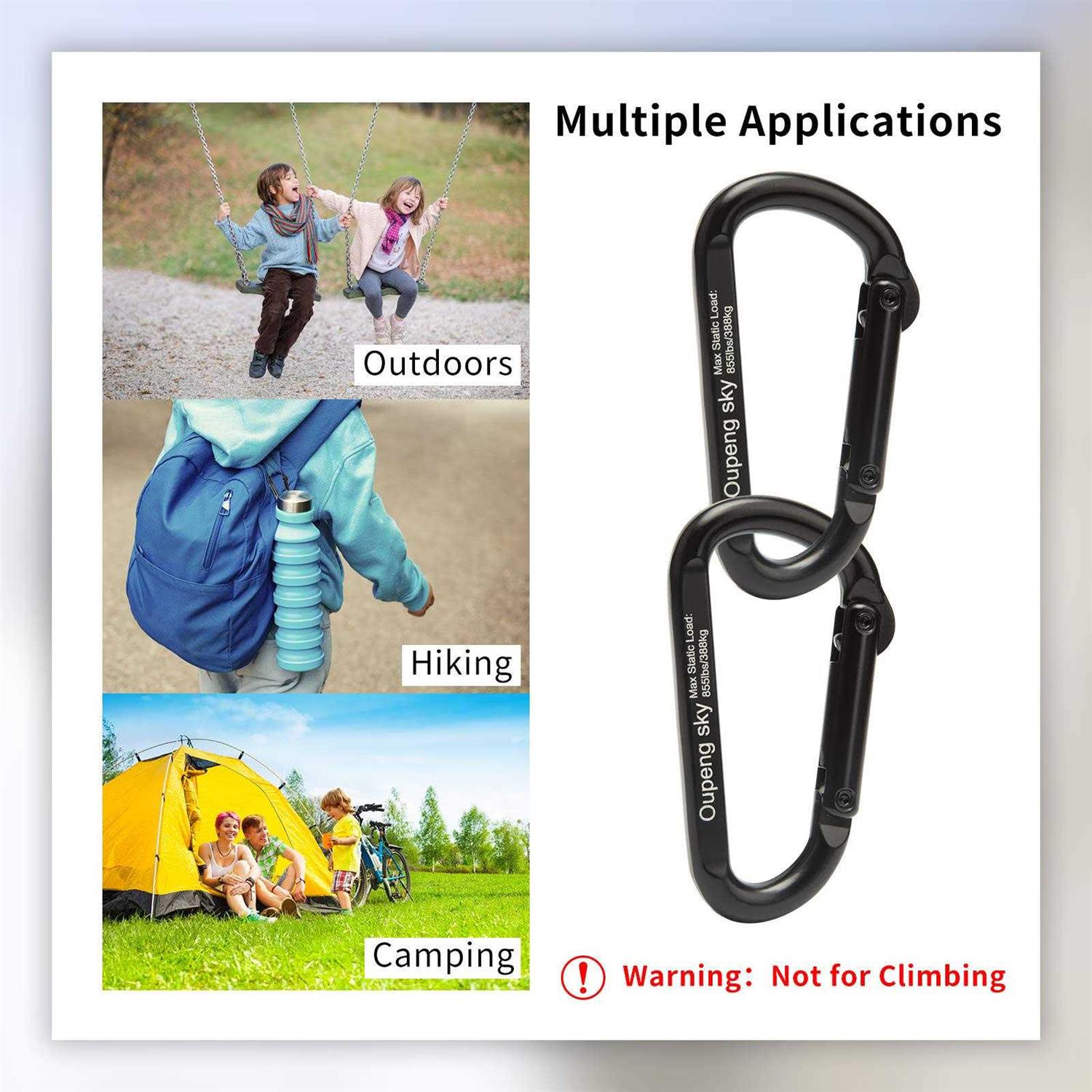 Oupeng sky Carabiner Clip, 855lbs,3 Iron Heavy Duty Caribeaners for Hammocks, Camping Accessories,Hiking,Keychains,Outdoors and Gym etc,D Shaped Spring Hook - Image 3